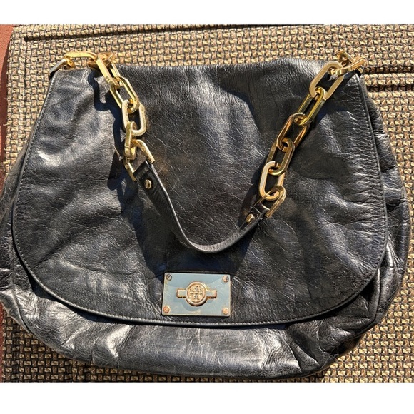 Tory Burch Gold Black Leather & Canvas Chain Linked Over-the-Shoulder Hobo Bag - Picture 6 of 13